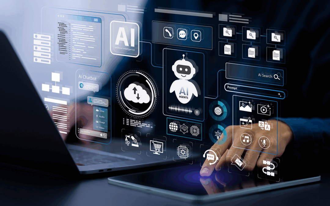 Person on a laptop with a dashboard overlay showing Agentic AI, cluds, values and so on