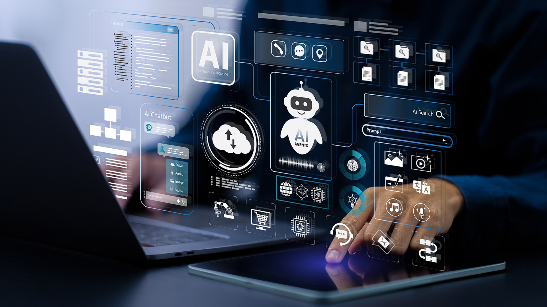 Person on a laptop with a dashboard overlay showing Agentic AI, cluds, values and so on